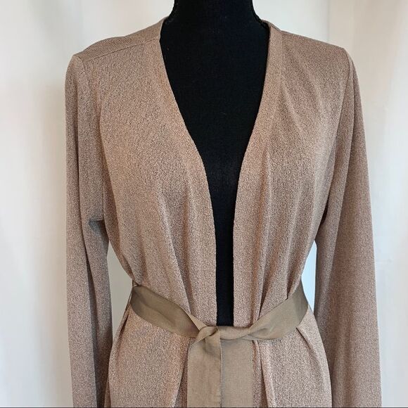 IRIS Setlakwe Tan Brown mesh knit longsleeve open front belted cardigan sweater - Picture 3 of 11